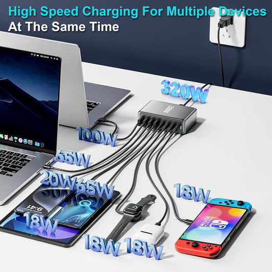 320W USB C Charger Block, 8-Port Fast USB Charging Station Hub PD 100W GaN Ⅲ Pro Charging Station for Multiple Devices, Laptop Charger Adapter Compatible with MacBook, DELL, iPad, iPhone, Samsung etc