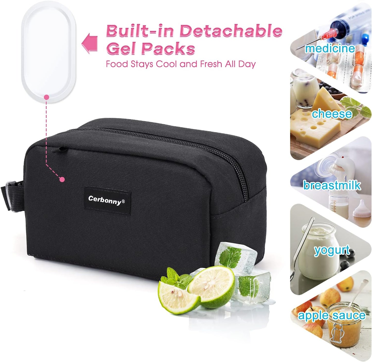 Cerbonny Cooler Bag Freezable Lunch Bag for Work School Travel,Leak-proof Small Lunch Bag,Small Insulated Bag For Kids 3+/Adults,Freezer Lunch Bags,Freezable Snack Bag,Black