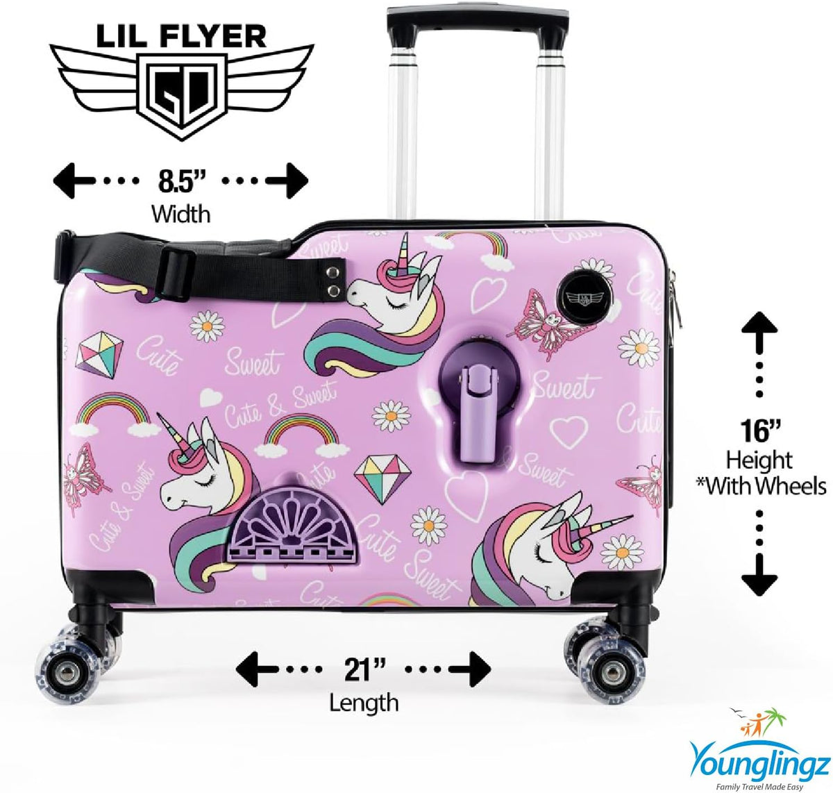 Younglingz LIL FLYER GO Version 2 Ride On Suitcase for Kids | Carry On Luggage with Toddler Seat, Foldable Handlebars, Pedals, and Removable Wheels | Holds up to 80 lbs | Glam | Ages 2-6