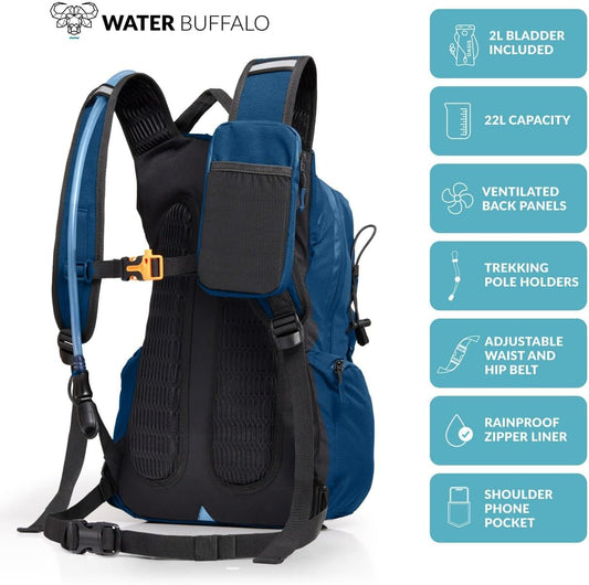 Water Buffalo Hydration Backpack - Sherpa 22L Hiking Backpack with Water Bladder - Water Backpack for Hiking with Waterproof Zippers, Phone & Pole Holders