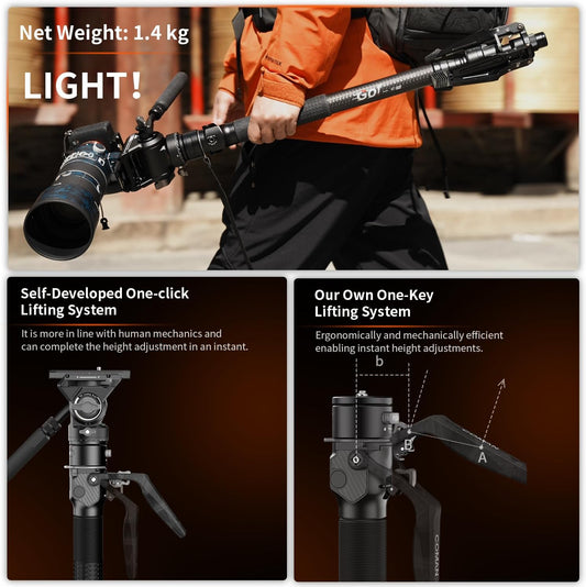 COMAN One-Click Lifting Carbon Fiber Monopod, 69‘’ Camera Monopod with Feet, Lightweight Travel Tripod with Quick Release Plate for Camera, DSLR, Camcorder, Max Load 22lbs/10kg (M1ProV5)