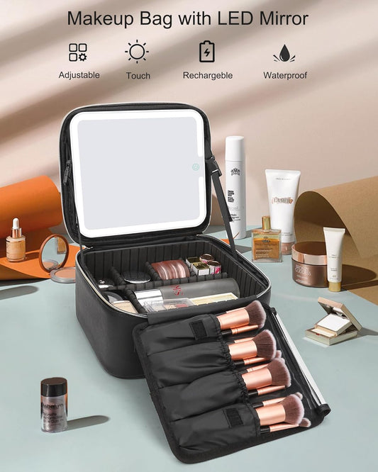 Relavel Makeup Bag with Light Up Mirror, Makeup Case Travel Cosmetic Bags Brush Organizer Storage Box, Rechargeable Vanity Mirror with 3 Color Lights, High Frame Mirror Protection (Black)