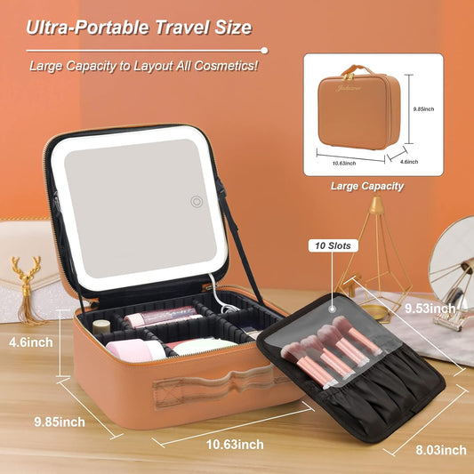 Makeup Case, Lighted Mirror, Travel, Waterproof, Brown