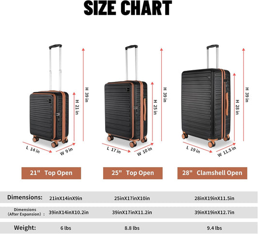 3-Piece 20/24 Top Opening Hardshell Lightweight Luggage and 28-Inch Clamshell Opening Suitcase with Spinner Wheels & TSA Locks, Black Brown, 20in/24in/28in