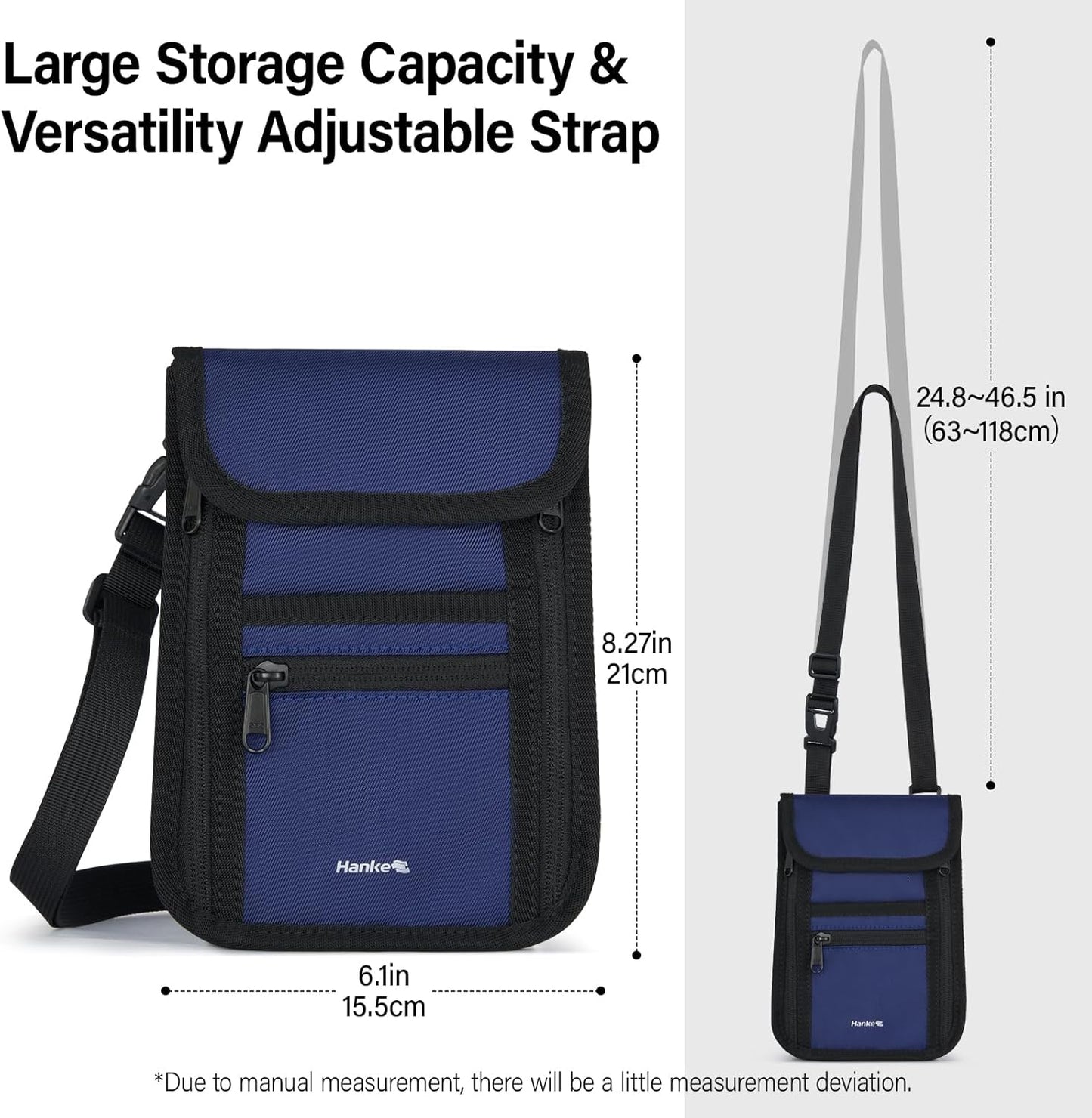 Hanke Passport Holder, Travel Wallet for Womens and Men, Neck Wallet Hidden Passport Pouch for Travel Adjustable Lightweight Thin with 6 compartments (Navy Blue)