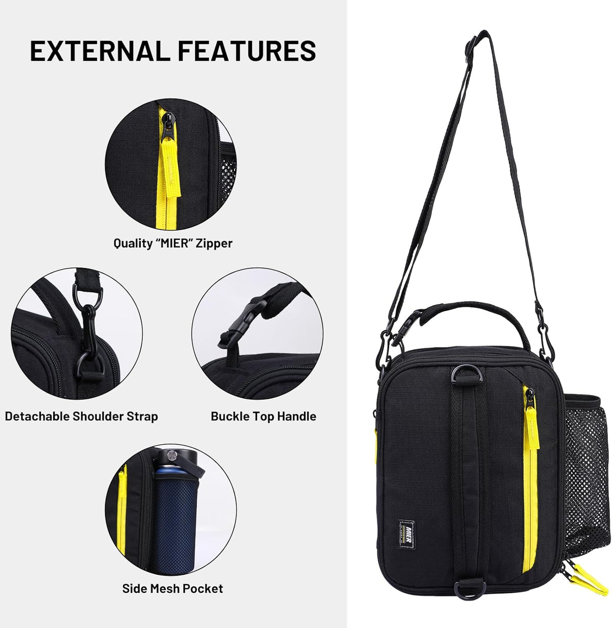 MIER Expandable Lunch Bag Insulated Lunch Box for Men to Work Travel Portable Lunchbox Bags with Shoulder Strap and Water Bottle Holder(Black/Yellow)