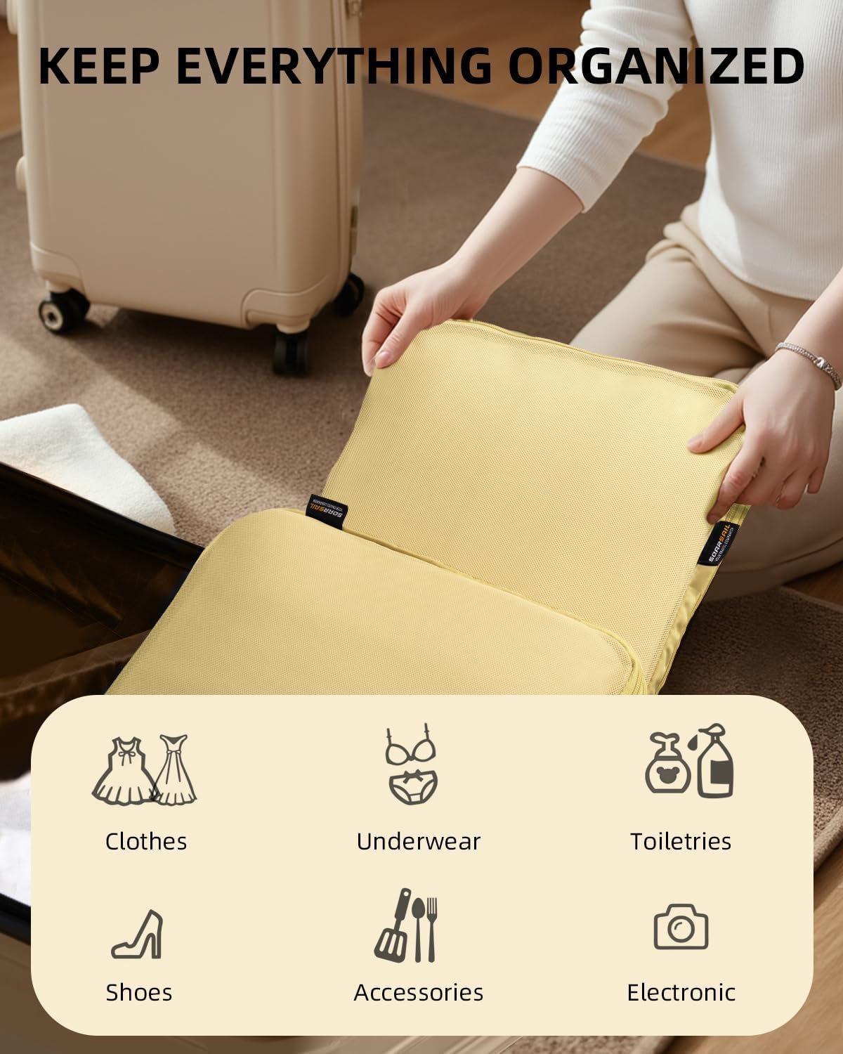 6 Set Compression Packing Cubes for Travel, Large Medium Small Luggage Organizers, Storage Bags for Clothes (6 Pack, Bright Yellow)