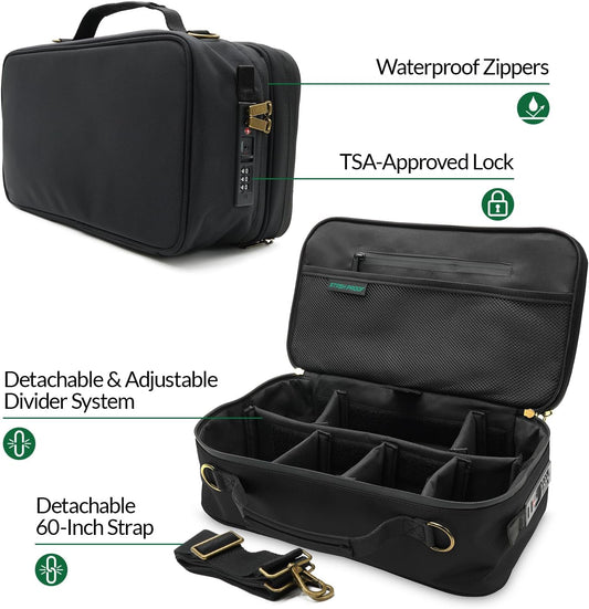 Large Storage Case with TSA Combination Lock Bag, Portable Carbon Lined, XL Medicine Lockable Box for Travel & Home Secured Box Organizer Divider Jars Accessories, Removable Tray (Black)