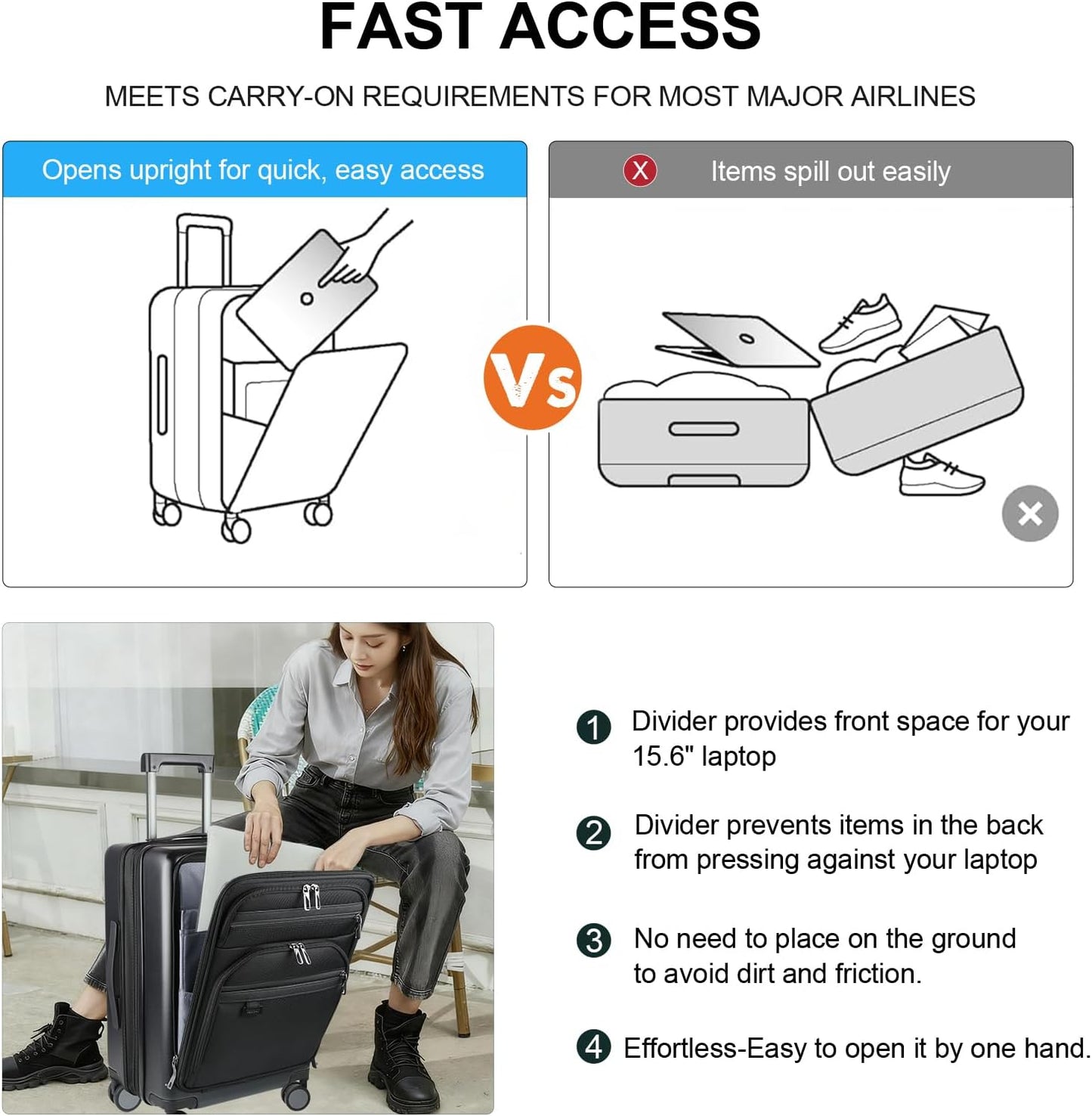 KROSER Hardside Expandable Carry On Luggage 22x14x9 Airline Approved With Front Business Pockets, 20 Inch Suitcases with Wheels, Carry on Suitcase with TSA Lock & USB Port, Black