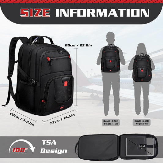 Extra Large 55L Travel Backpack, 18 inch Laptop Bag for Men, TSA Approved Heavy Duty with USB Charging Port, Anti Theft Rucksack for Business Work College, Black