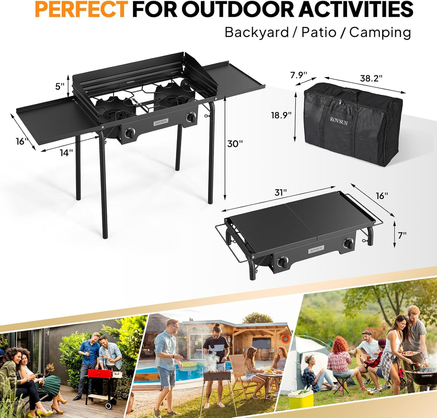 ROVSUN 2 Burner Outdoor Propane Gas Stove with Regulator, Windpanel, Bag & Side Shelves, 150,000 BTU Powerful Stand Cooker for Backyard Cooking Camping Home Brewing Canning Turkey Frying