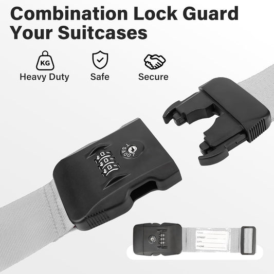 Luggage Straps, Grey TSA Approved Luggage Strap Belt with Combination Lock for Suitcases, 2 Pack Adjustable Heavy Duty Cross Suitcase Straps with Name Tags for Travel, Carry On Bags, Protect Luggage