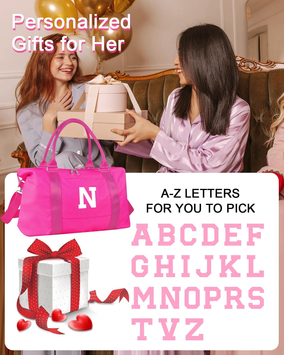 Overnight Bag for Kids Teen Girls Weekender Dance Bag Birthday Graduation Gifts,Initial Travel Duffel Bag Sports Gym Bag Personalized Weekender Bag Carry On Bags Preppy Gifts for Women(Hot Pink, N)