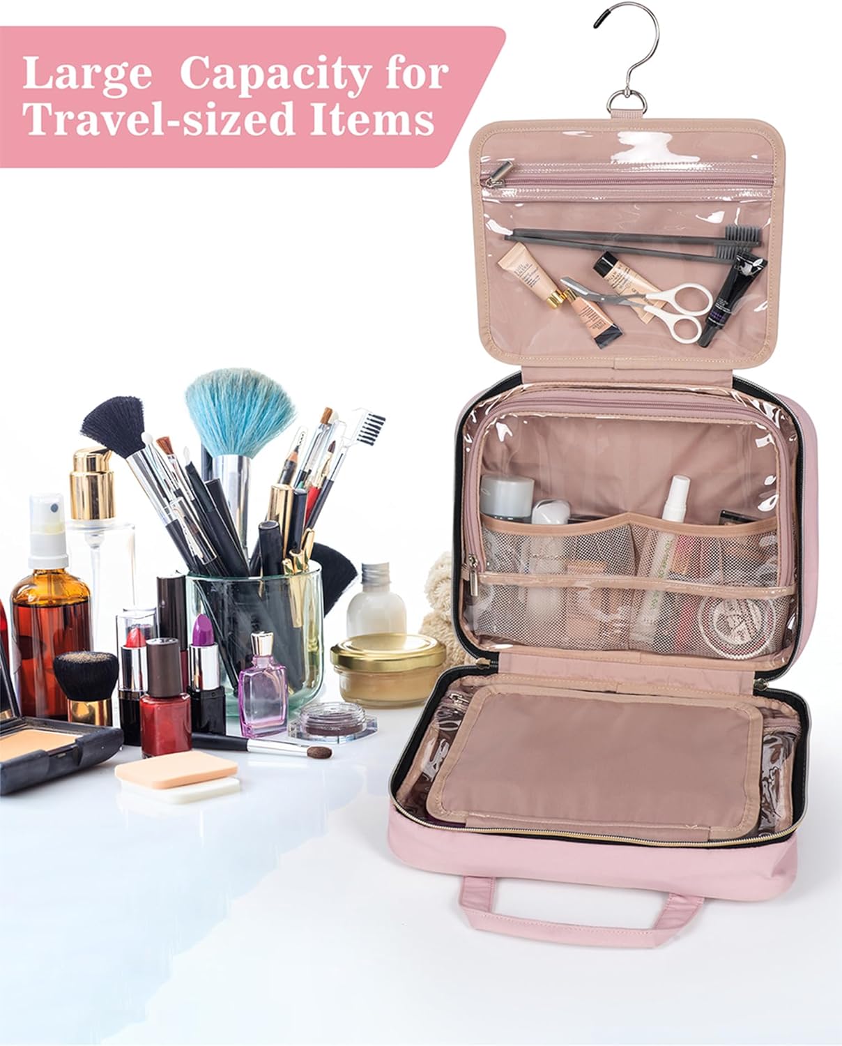 Toiletry Bag for Women, Travel Toiletry Bag with Hanging Hook Makeup Organizer, Waterproof Large Capacity Travel Bag for Accessories, Shampoo, Full Sized Container, Toiletries,Pink