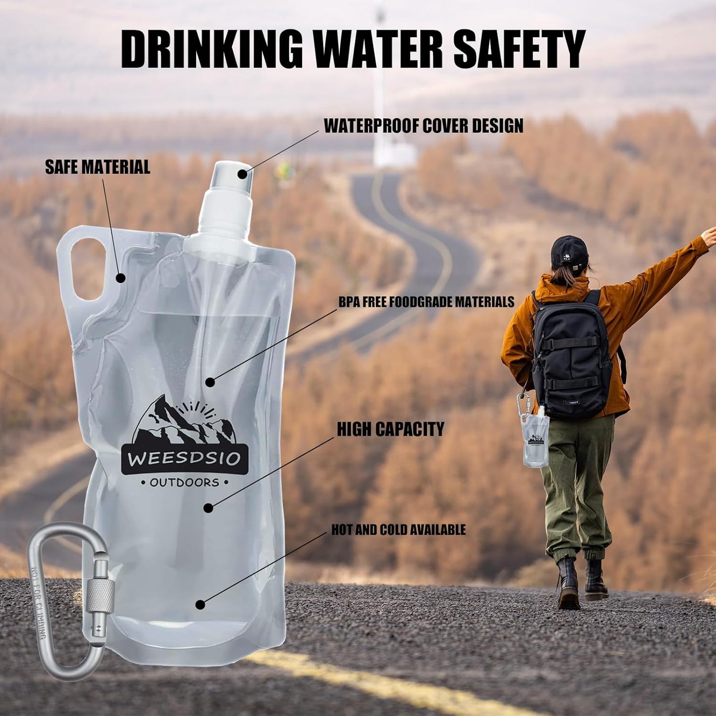 5-Pack 1L Hiking Collapsible Water Bottles with Mountaineering Buckle (Not Suitable for Climbing) BPA-Free Foldable Backpacking Water Bottle for Camping Hiking Running Cycling Mountaineering