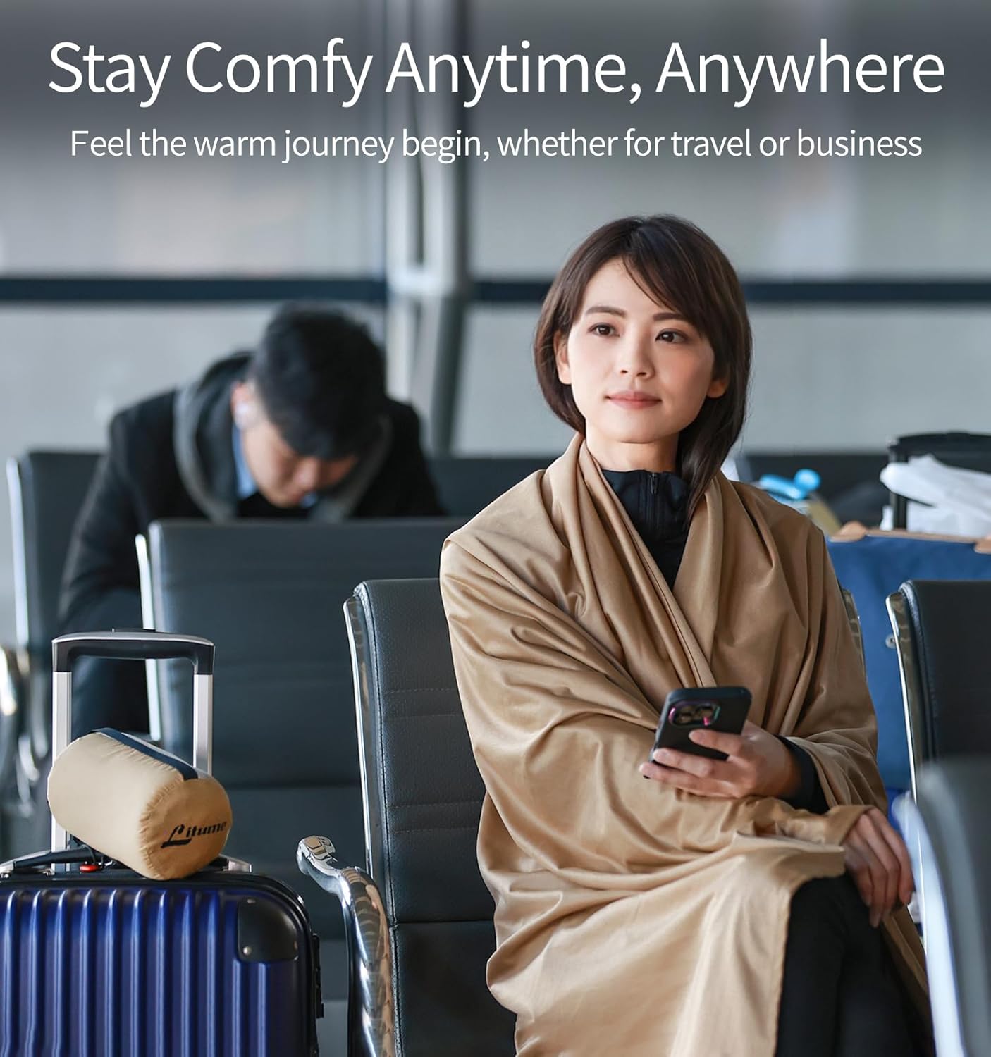 Travel Blanket Lightweight and Breathable, 67 x 48 in Soft Airplane Flight Blanket for Travelers, Foldable Camping Sheet with Stuff Sack for Train, Camp, backapcking, office, home(Creamy Brown)