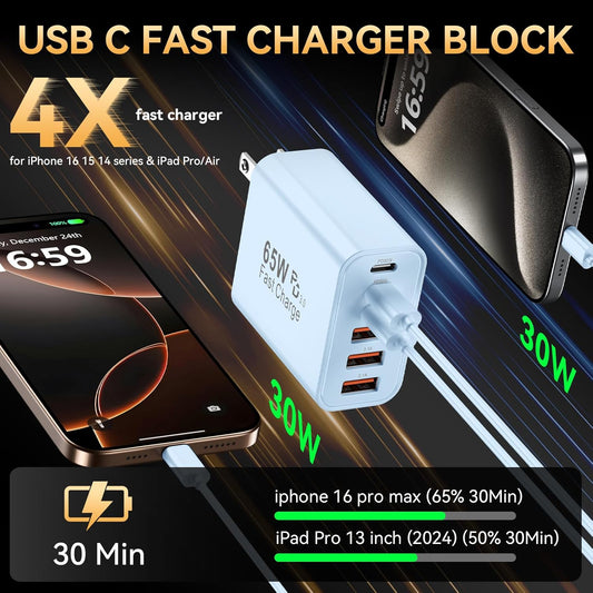 USB C Fast Charger Block, iPhone Charger Fast Charging Blocks 65W Multi Port Charger 6-Ports PD & QC Charging Cube Brick Power Adapter Type C Wall Chargers for iPhone 17/16/15/14/13/12 Pro Max, iPad