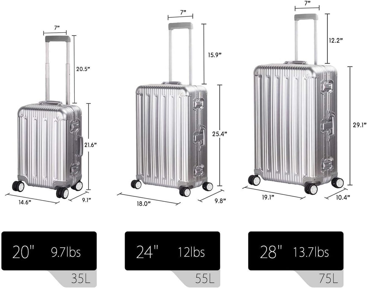 TRAVELKING All Aluminum Luggage Zipperless Hard Shell Suitcase with TSA Lock Spinner Wheels Lightweight Metal Alloy Suitcases (Silver, 24 inch)