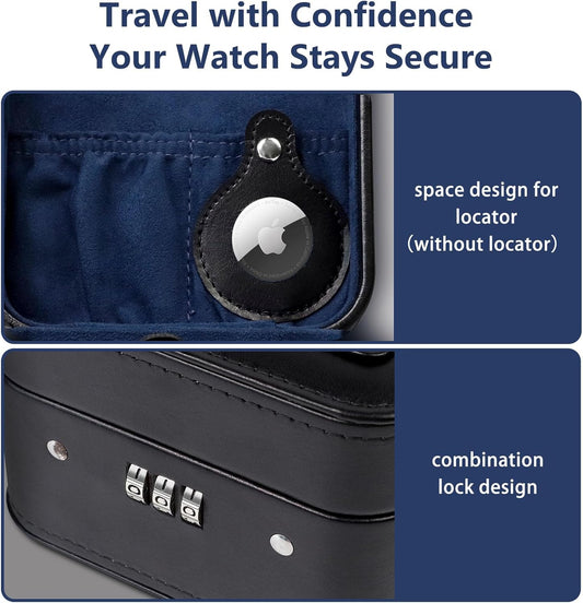 KAMIER Watch Travel Case with Combination Lock - 2 Watch Storage and Jewelry Organizer - Watch Case for Ring and Watch Storage, PU Leather Travel Watch Case, Ideal for Gift (With Gift Box) (Black)