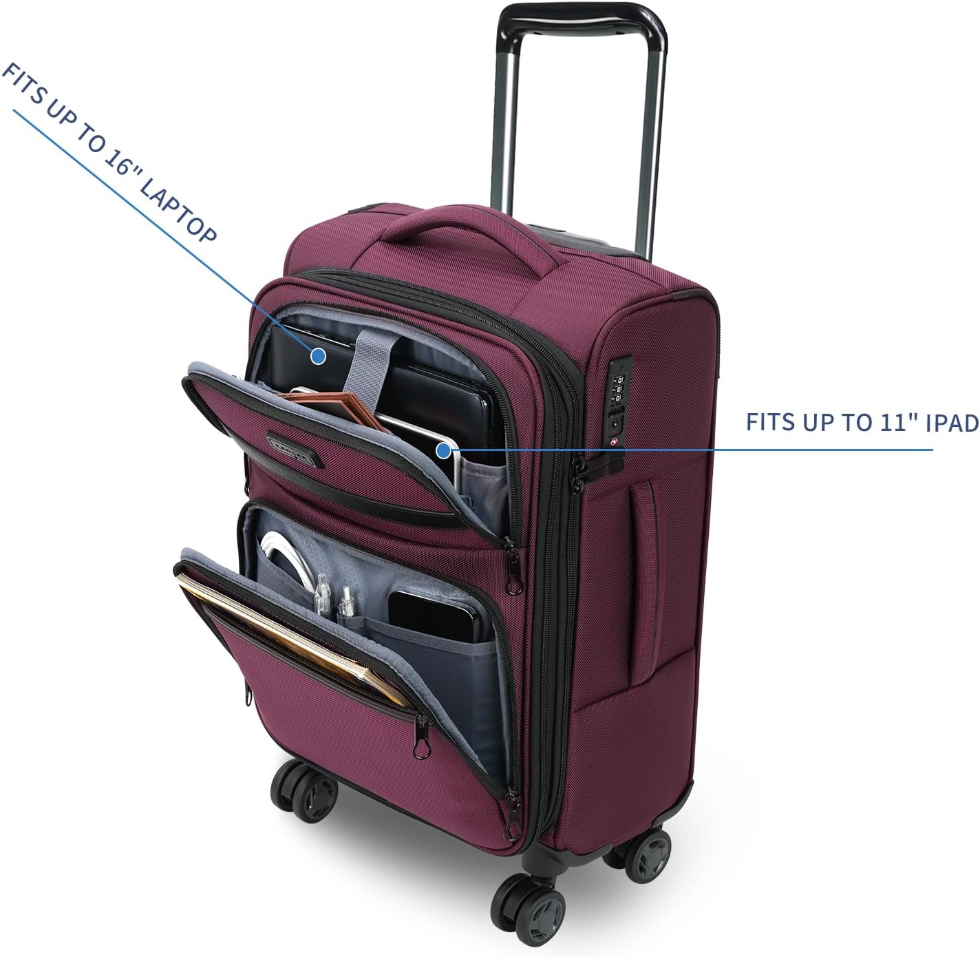 KROSER Softside Expandable Carry On Luggage with Spinner Wheels & Built-in TSA Lock, Durable Suitcase Rolling Luggage with USB Port, Carry-On 20-Inch, Burgundy