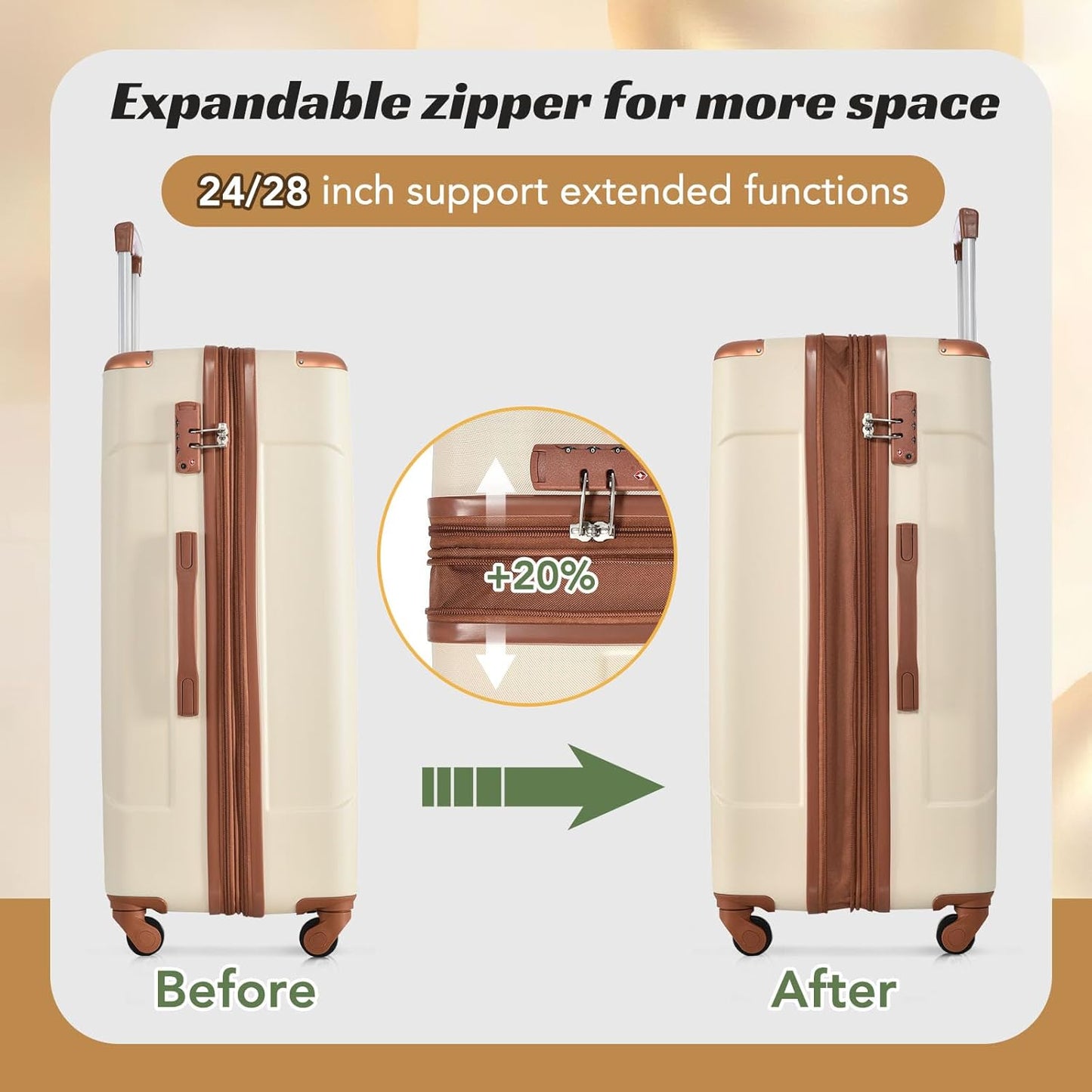 Merax Luggage Set 6 Piece Expandable Lightweight ABS Hardshell Suitcases with Wheels, Corner Guards (White Brown, 6 piece set)