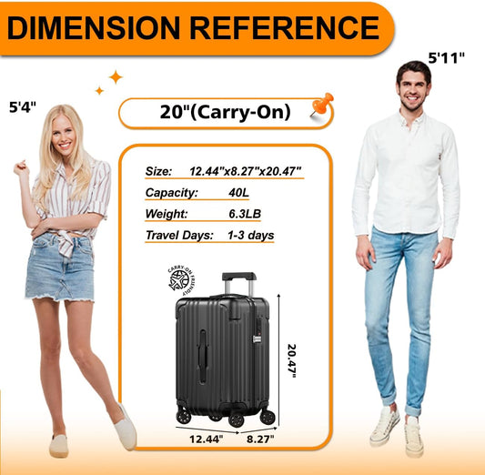 Krute Carry on Luggage PC+ABS Suitcases with Double Spinner Wheels 22x14x9 Airline Approved Luggage with TSA Lock 20 Inch (Black)