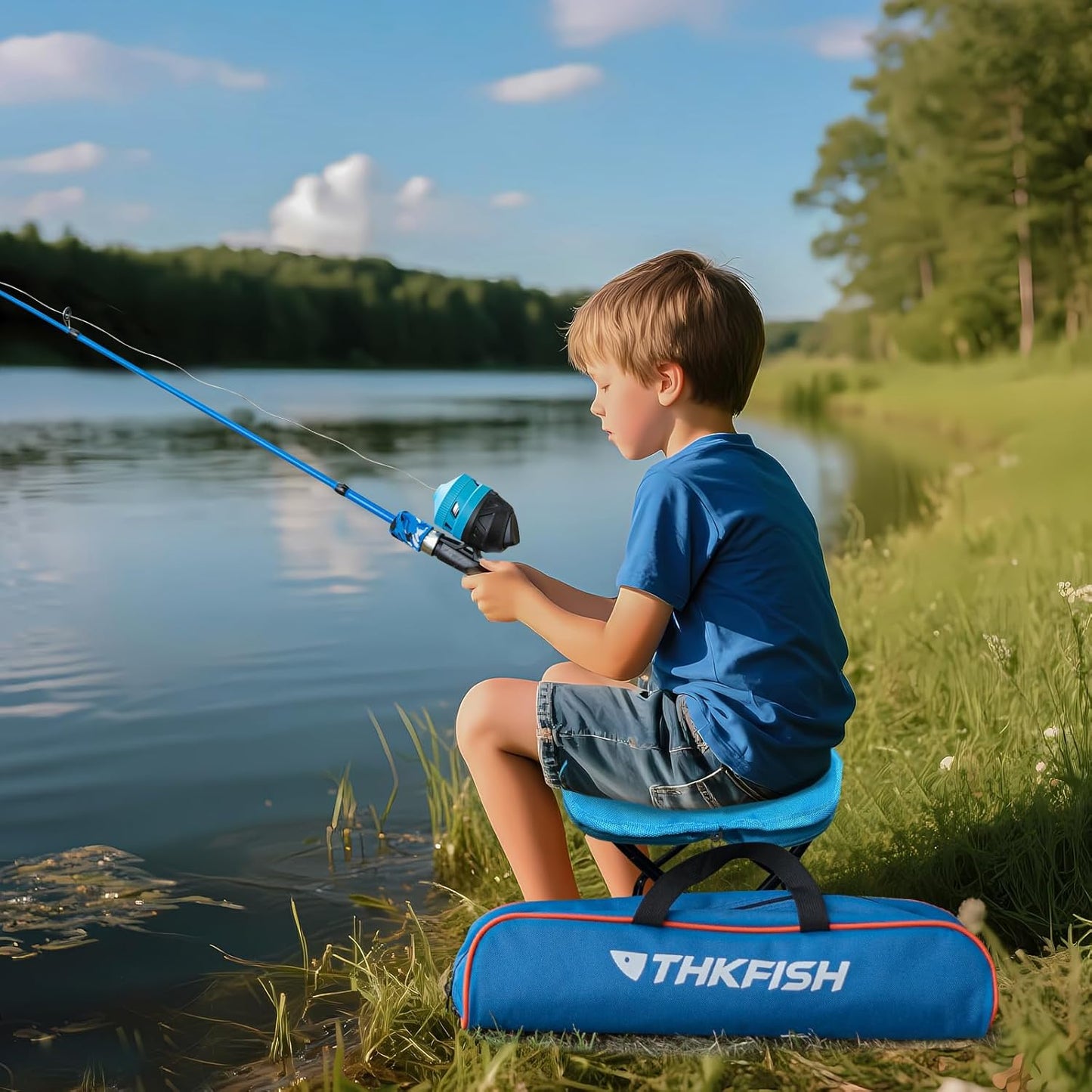 Kids Fishing Pole Set, Telescopic Fishing Rod Reel Combo Kids Starter Kit with Lures Tackle Box, Foldable Stool and Portable Bag for Boys Girls Younth