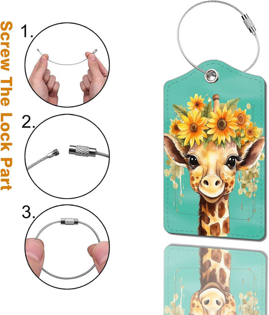 2 Pack Luggage Tag for Suitcase, Cute Unique Leather Bag Tags Identifiers Privacy Cover ID Label with Durable Steel Loop for Women Men Kids Girls Travel,GiraffeJ