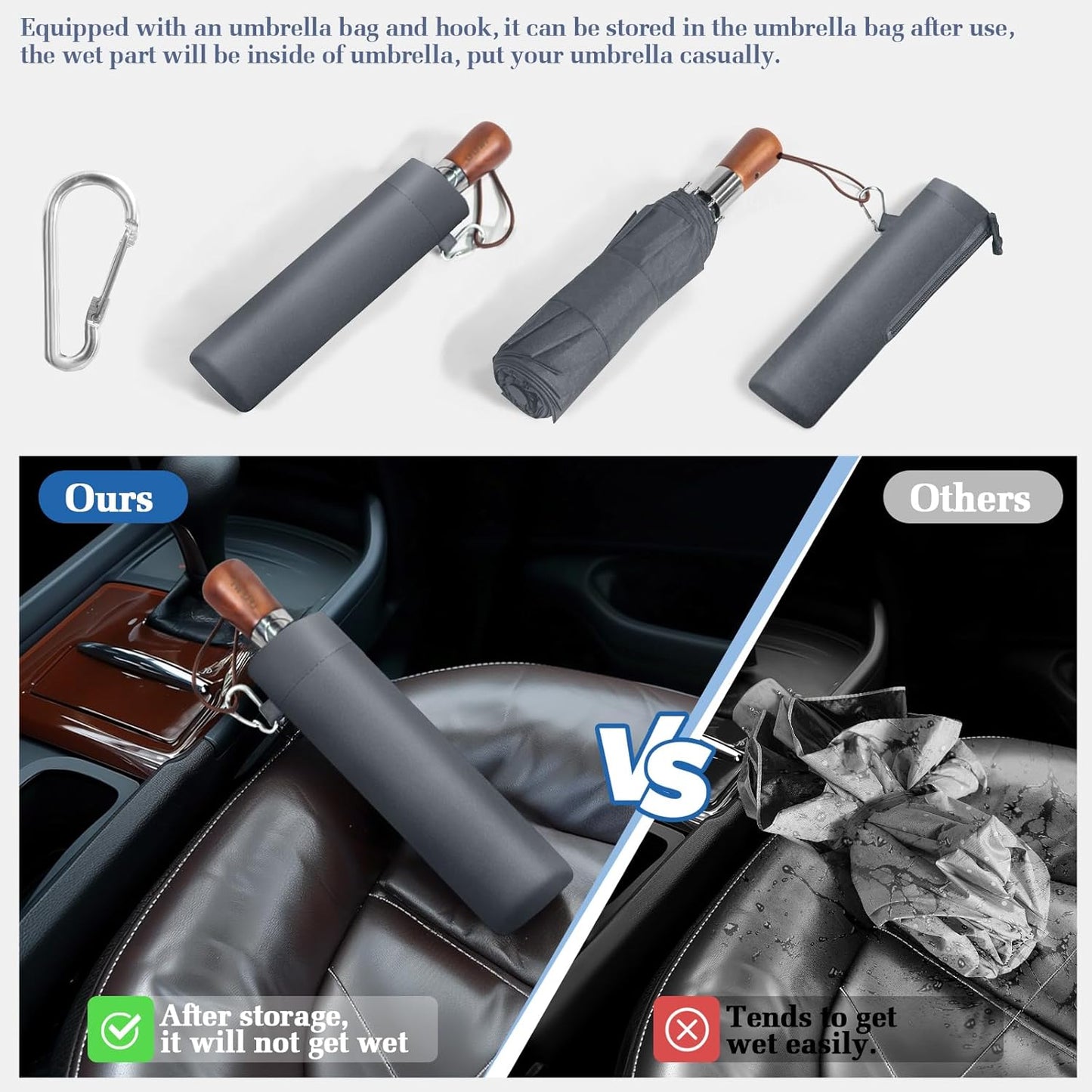 3T Wind Armor Travel Umbrella Compact Easy Auto Open Close Folding Umbrellas for Rain Windproof Umbrella for Women and Men Durable Real Wood Handle Portable Fits Backpack Car