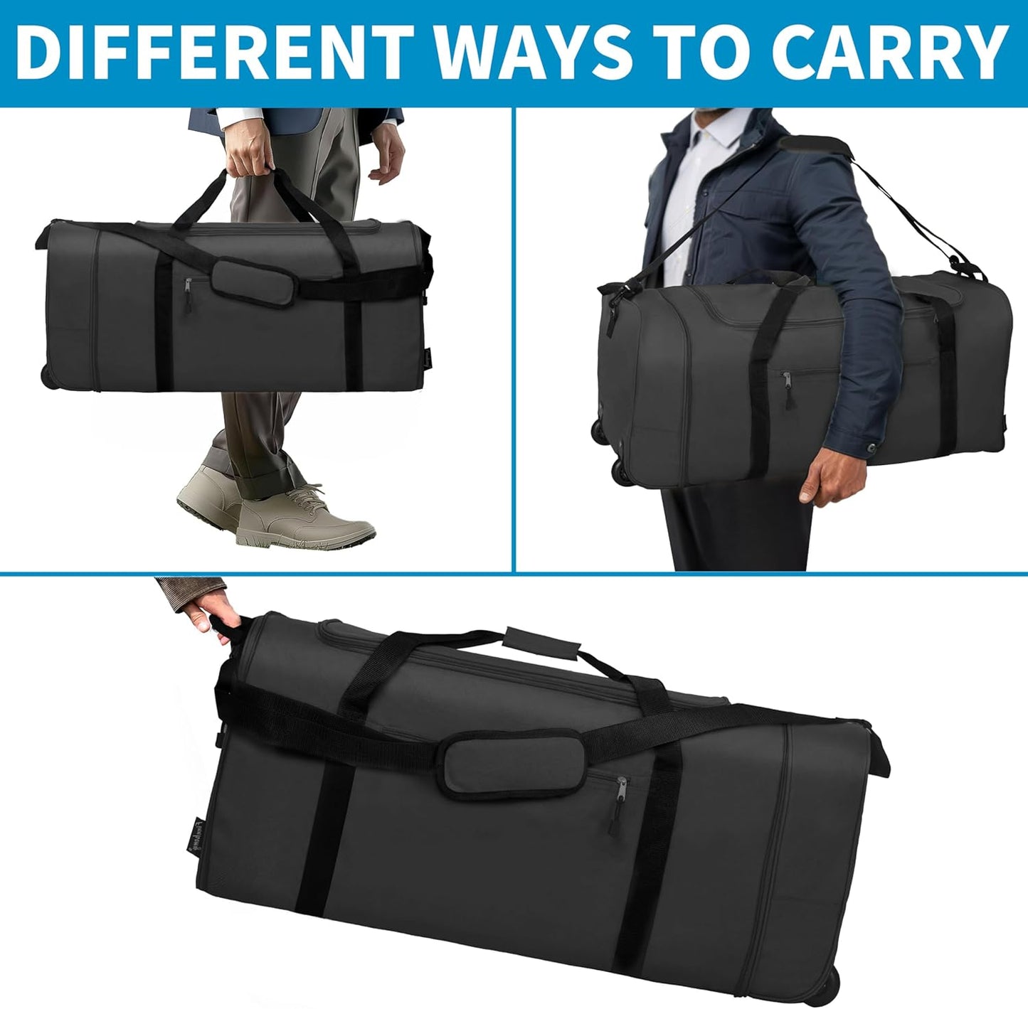 Finnhomy 100L Foldable Rolling Duffel Bag with 2 Wheels, Light Weight Travel Duffel bag with Large Loading Capacity, 32 inch Rolling Duffel bag with Shoulder Strap for Travel Camping Sports, black