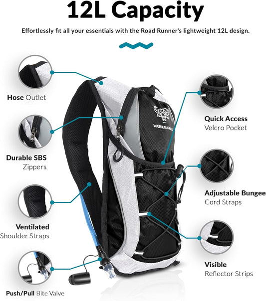 Water Buffalo Hydration Backpack - Lightweight Hydration Pack with 2L Water Bladder - Water Backpack for Hiking, Running, Biking, and Raves - Road Runner 12L Hydropack Backpack