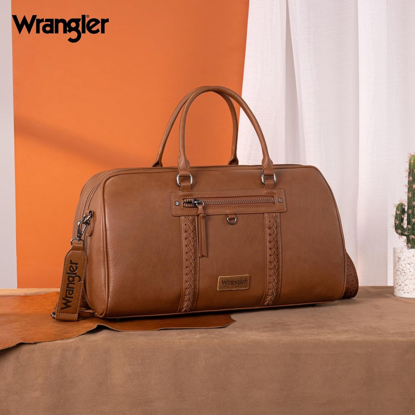 Wrangler Travel Duffel Bag Large Weekender Bag for Women Designer Carry on Overnight Bag for Trips Leather Luggage Bag Brown