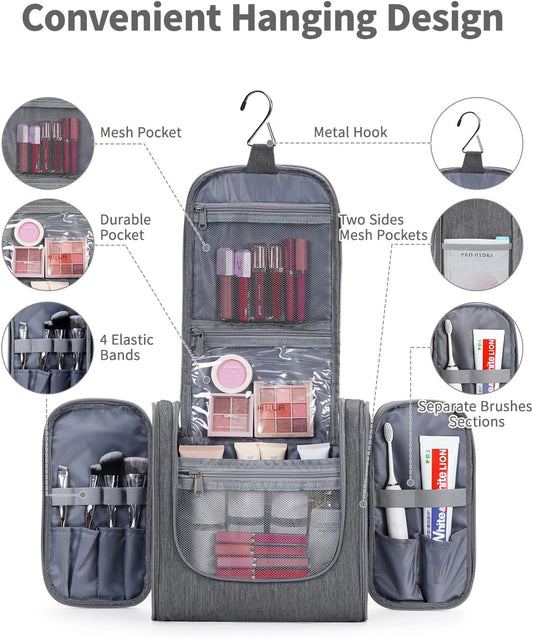 Narwey Hanging Toiletry Bag for Women Travel Makeup Bag Organizer Toiletries Bag Men for Cosmetics Essentials Accessories (Large, Grey)