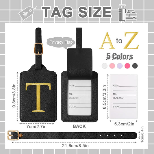Personalized Initial Luggage Tags for Suitcase TSA Approved, Black Leather Cute Luggage Tag with Privacy Cover Name Card, Embroidered Custom Luggage Tags Travel Backpack Tags Gifts for Women Kids(T)