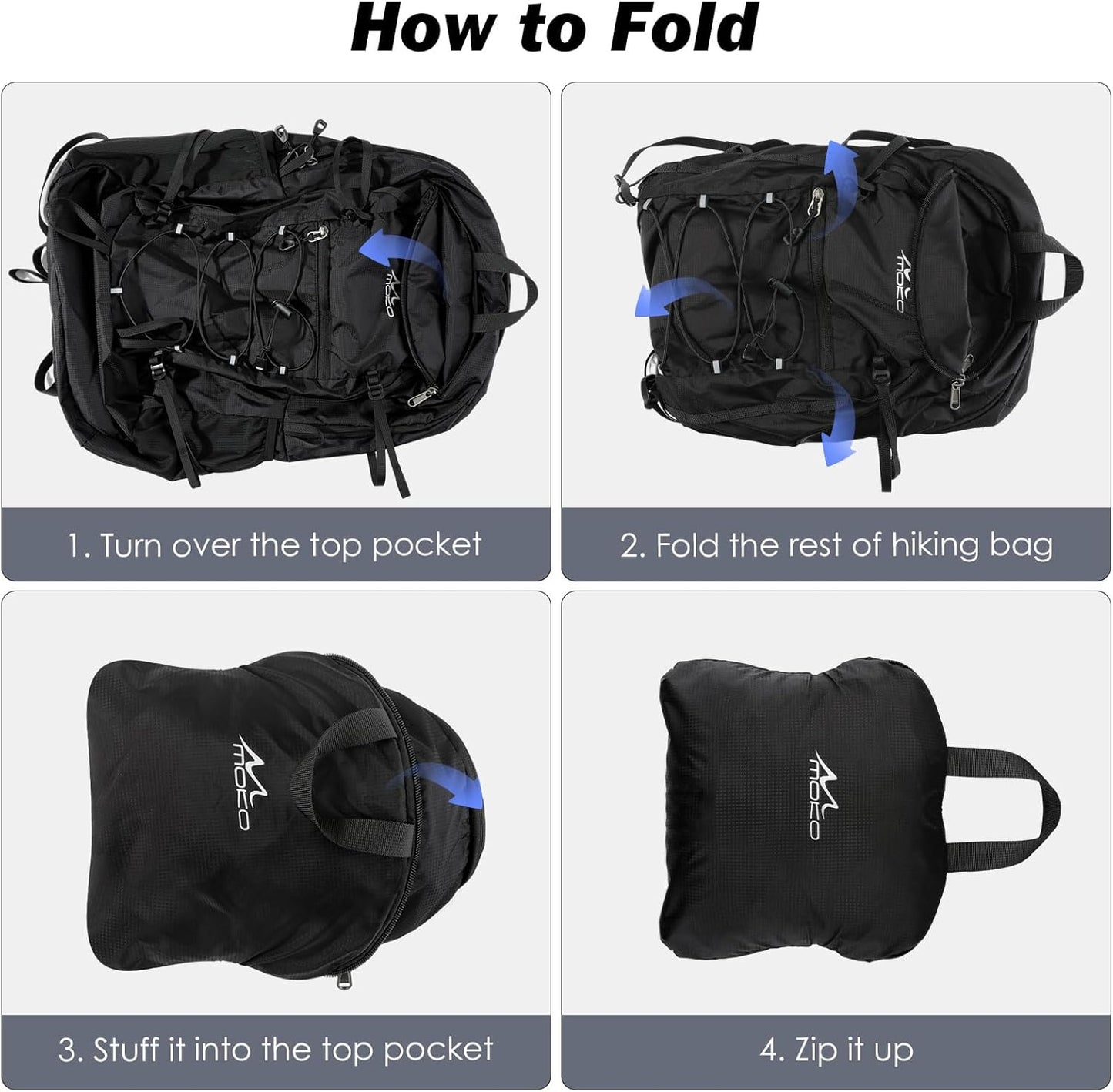 MoKo Hiking Backpack, 40L Large Capacity Camping Backpack with Multiple Pockets, Tear-Resistant Travel Daypack for Men Women, Packable and Lightweight Hiking Daypack for Travel Camping Outdoor, Black