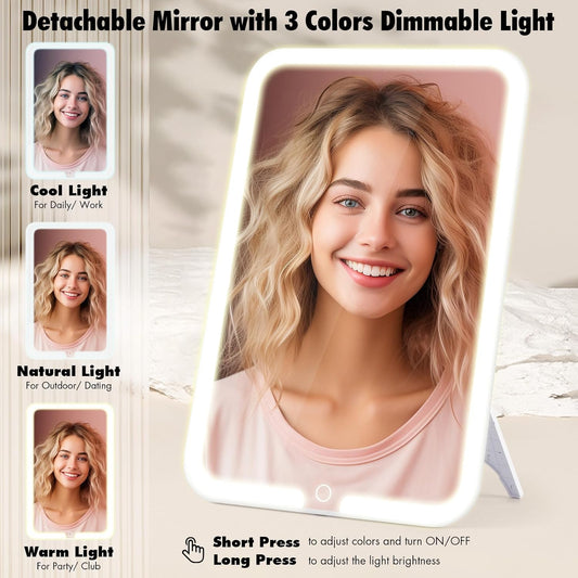 Large Travel Makeup Bag with LED Mirror, 3-Color Stepless Dimming Stand Mirror Detachable, with Adjustable Divider, Makeup Brush Holder Storage (Pink)