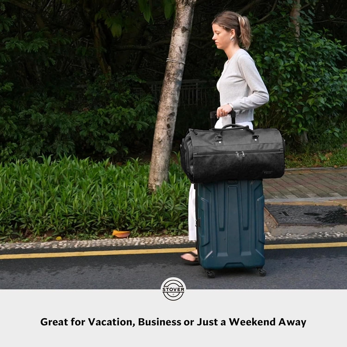 STOVER Garment Travel Duffle Bag, Large 2-in-1 Convertible Carry-on Luggage for Men & Women- Hanging Suits, Dresses & Clothes + Shoe Compartment- Weekender Tote Combo Duffel (Black Leatherette)