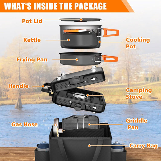 Hisencn 2 Burner Foldable Camping Stove with Griddle,Portable Propane Camp Stove, 20000 BTU Propane Stove, Outdoor Gas Stove with Carry Bag,Includes Frying Pan, Kettle, and Pot, Adjustable Burners