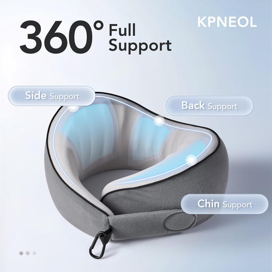 Travel Pillow, 100% Pure Memory Foam Travel Neck Pillow Airplane Neck Support Ergonomic Design for Traveling Suitable for Airplanes,Offices and Cars-Cooling Silk Light Grey Cover