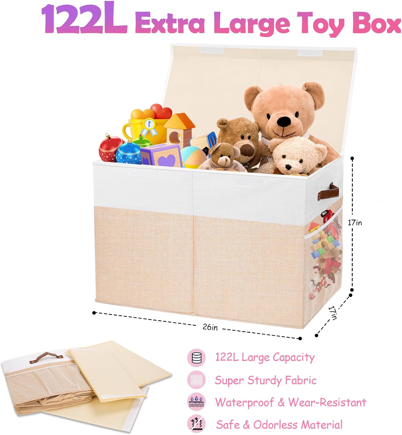 Large Toy Storage Box with Lid, Collapsible Sturdy Toys Storage Organizer Chest Bin Basket with Divider for Kids, Boys, Girls, Closet, Playroom, Bedroom, Nursery, 26"x17"x17" (Beige and White)