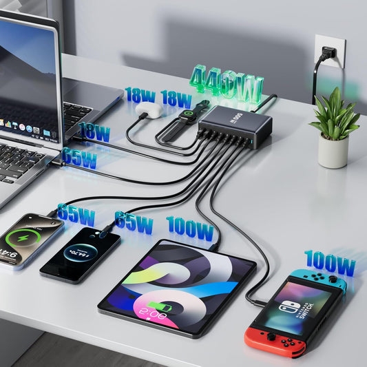 440W Fast Charging 8 Port USB C Charger Block, Multi-Device USB Charging Station Wall Desktop Charger with GaN Ⅲ Technology, USB-C Charger Adapter for MacBook/iPad/iPhone 16/Samsung Galaxy/DELL/HP