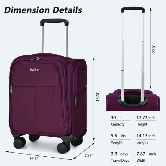 16 Inch Underseat Carry On Luggage with Wheels Softside Small Suitcases Personal Item Bag with Pocket Travel Luggage for Men Women Business Overnight Bag(Purple)