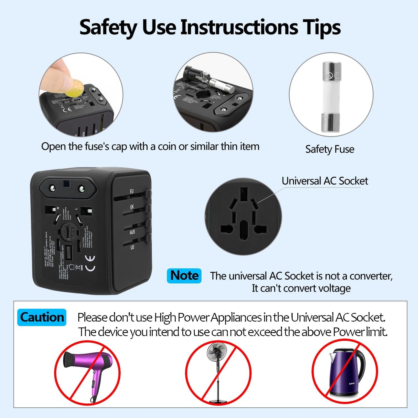 JMFONE Universal Travel Plug Adapter 5 in 1 Charger, European Travel Plug Adapter 2xUSB-A and 2xUSB C Wall Charger with Worldwide AC Outlet,International Power Adapter for Europe USA UK AUS Asia