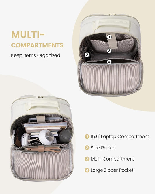 LOVEVOOK Laptop Backpack Purse for Women, Work Travel Computer Bags, College School Backpack for Student Girl, Quilted Casual Daypack with USB Port, Fit 15.6 Inch Laptop, Beige White