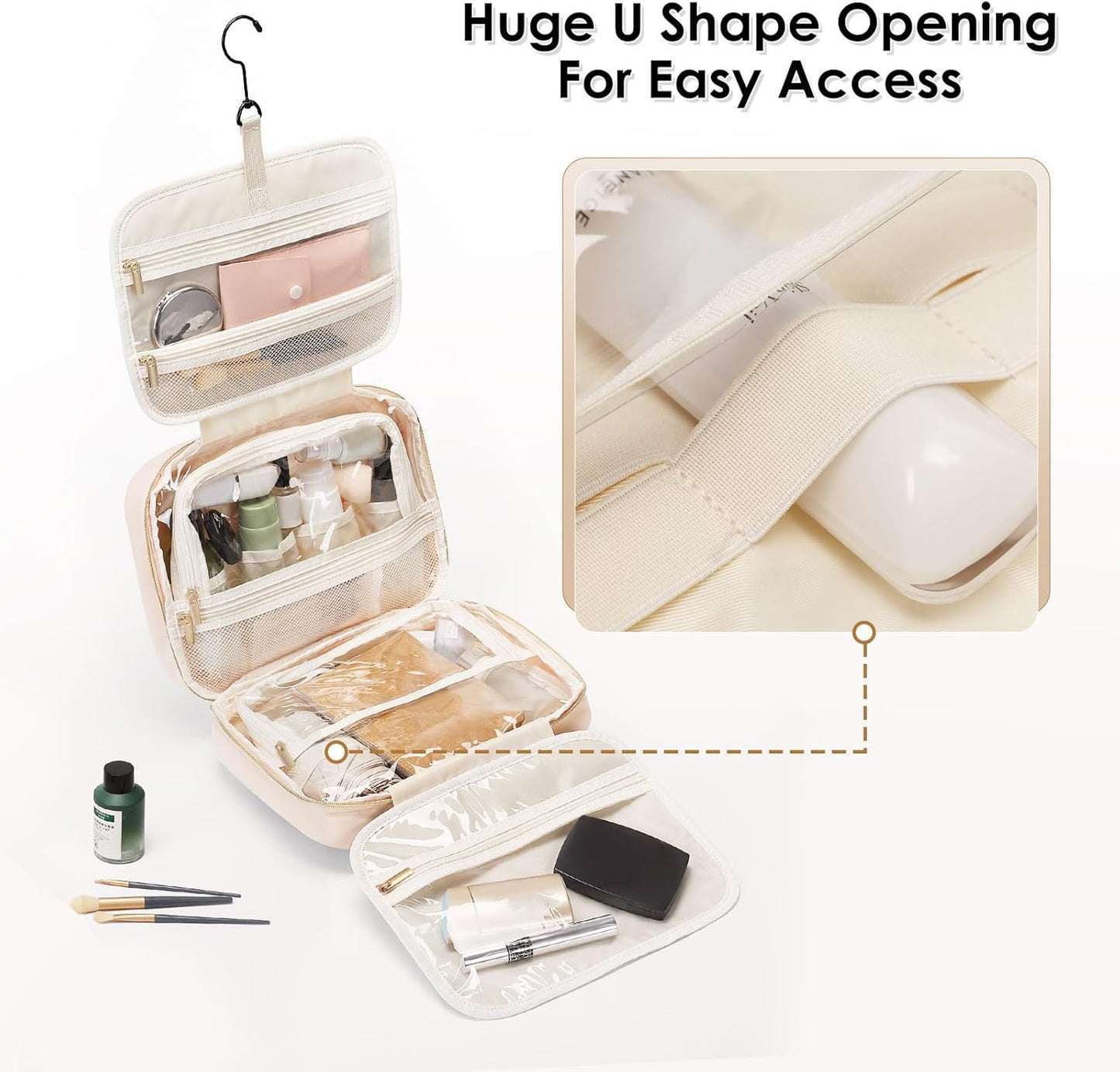 Travel Toiletry Makeup Bag for Women Hanging Toiletry Bag Cosmetic Organizer Make up Bags for Women Travel Makeup Essentials, Beige