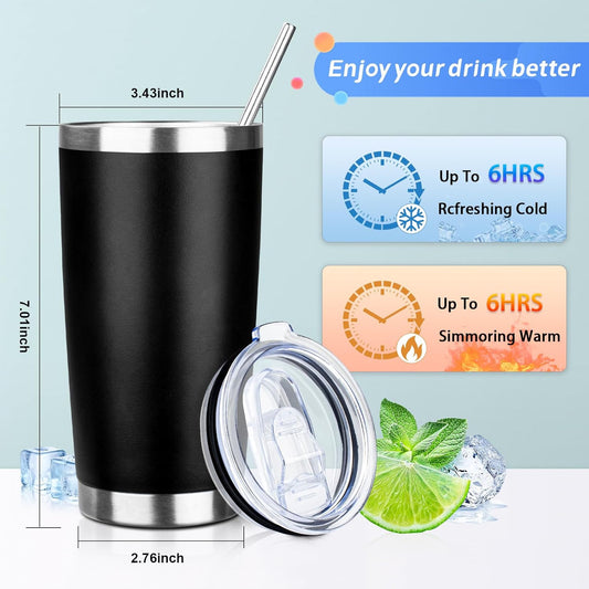 20oz Tumbler with Straw and Brush, Stainless Steel Vacuum Insulated tumbler, Double Wall Insulated Coffee Tumbler for Outdoor, Home, Travel,Office (Black,1pcs)