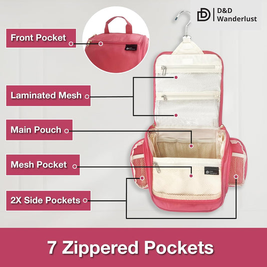D&D Hanging Travel Toiletry Bag for Men and Women – Large Cosmetics, Makeup and Toiletries Organizer Kit with 10 Compartments, YKK Zippers, XXL Metal Swivel Hook, Water-Resistant Nylon