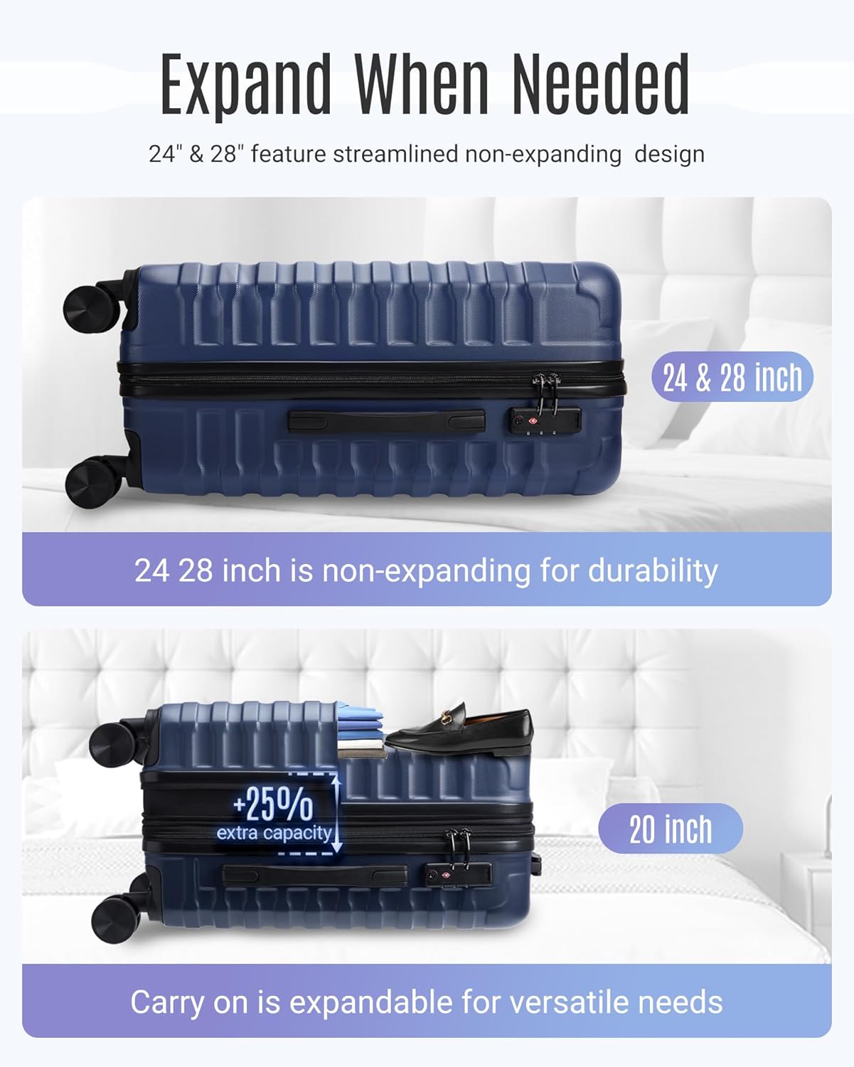 LIGHT FLIGHT Luggage Sets, 3 Piece Durable Suitcase Set with Spinner Wheels, 3 Pcs Hardside Lightweight luggage with TSA Lock, Large Checked Travel Suitcases, 20/24/28 Inch, Dark Blue