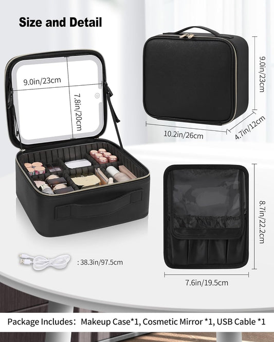 Makeup Bag With LED Mirror, Travel Makeup Case with Light up Mirror Large Cosmetic Case with 3 Color Lighted Portable Organizer Bag with Adjustable Dividers(Black)