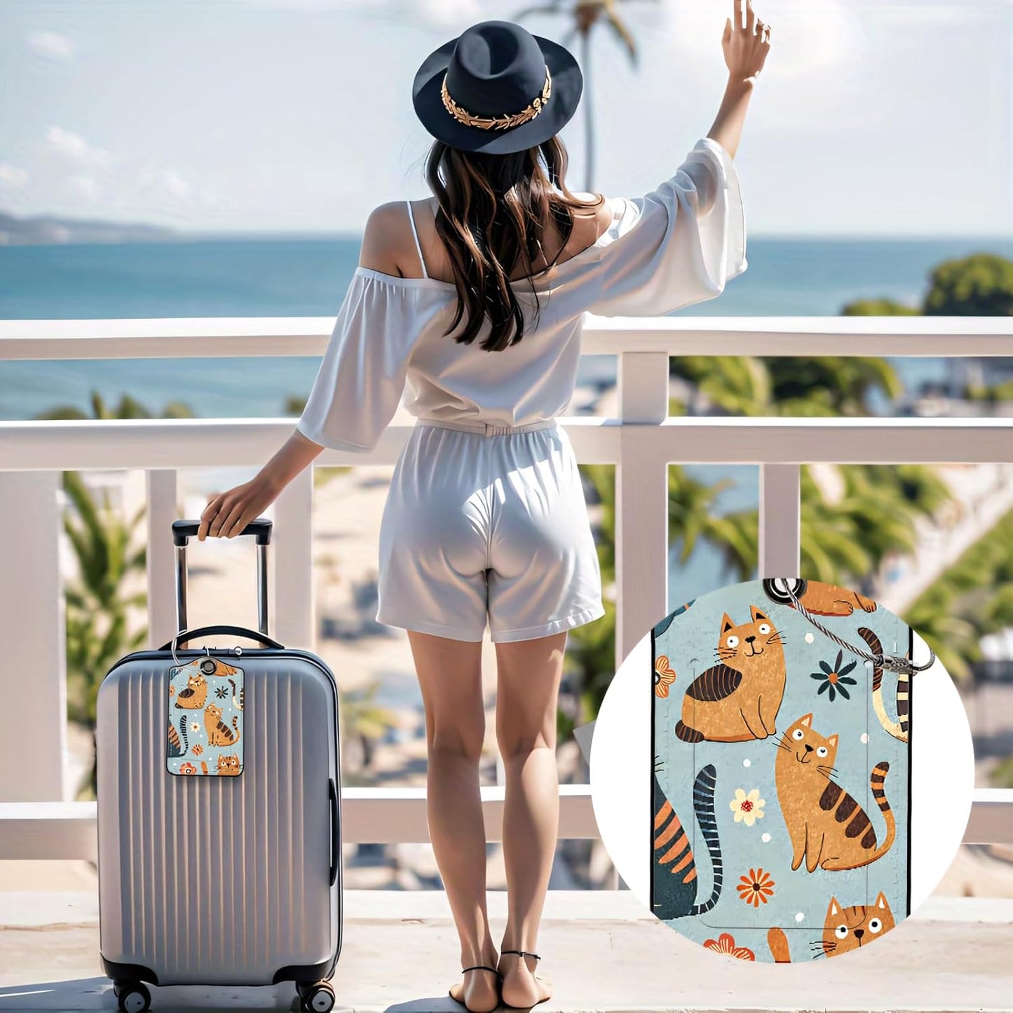 Luggage Tags for Suitcases, 2-Pack PU Leather for Cruise & Travel, Baggage ID Tags with Privacy Cover & Address Card, Durable Metal Ring, Kids Adults Travel Accessories, Whimsical Felines & Flora